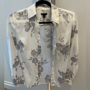 Ann Taylor Button Down White Gray Floral Long Sleeve Blouse, XS